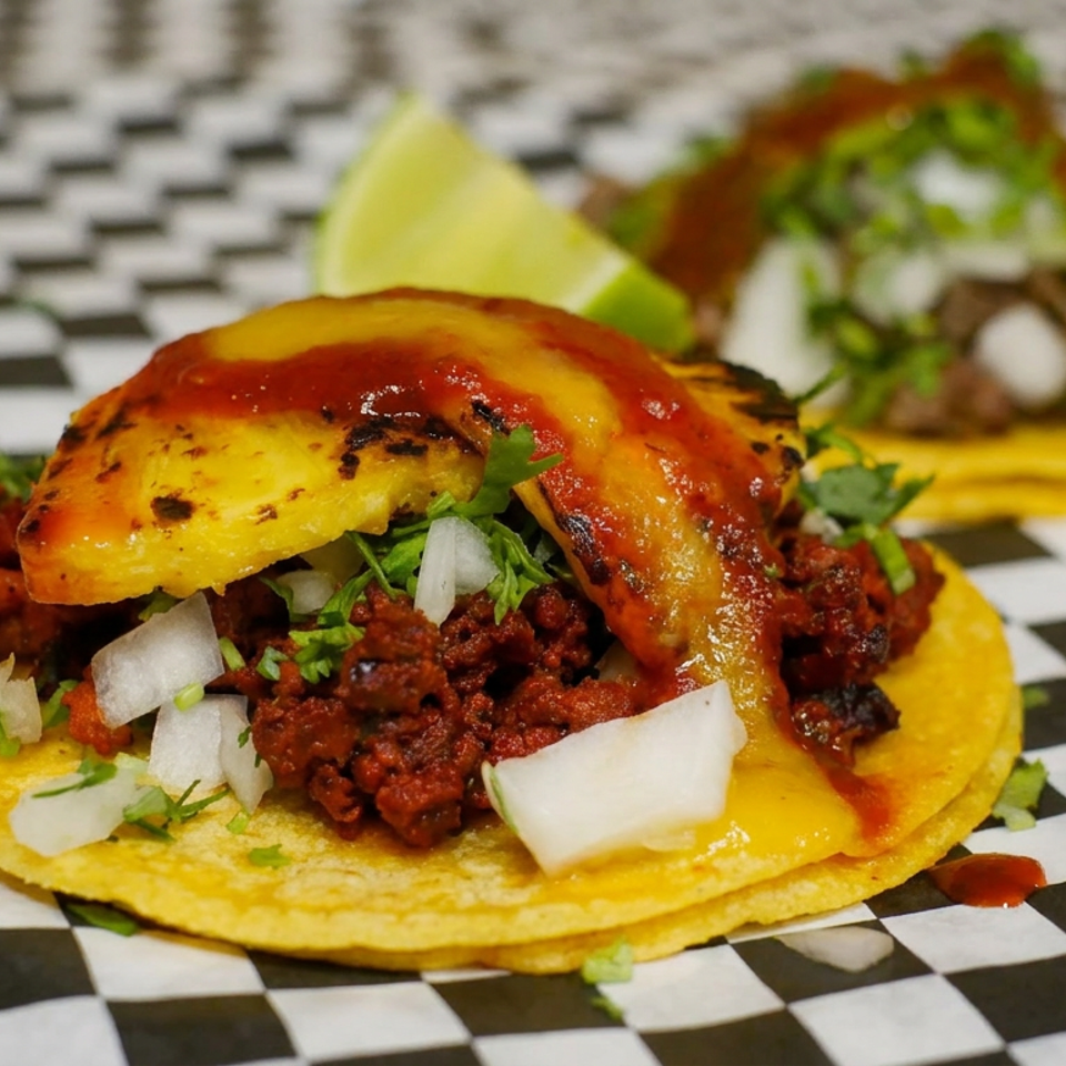 Mexican-style tostada topped with seasoned meat, grilled pineapple, red sauce, diced onions, cilantro, and lime.