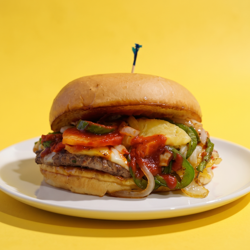 Loaded cheeseburger with grilled peppers, onions, tomato, pickles, and sauce on a white plate against a yellow background.