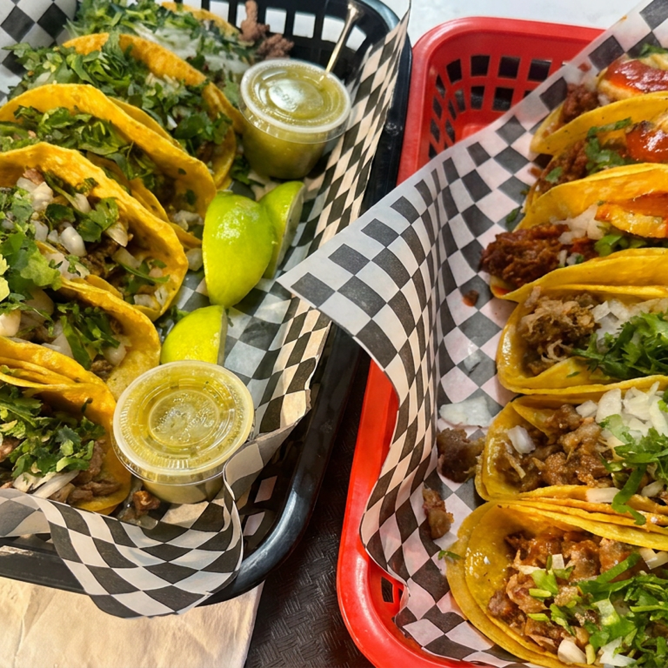 Two baskets of hard-shell tacos topped with cilantro, onions, and salsa, served with lime wedges and dipping sauces.