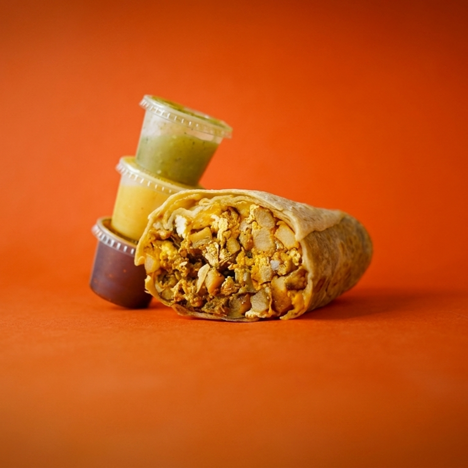 Cut-open stuffed burrito with savory filling beside three stacked sauce cups on an orange background.