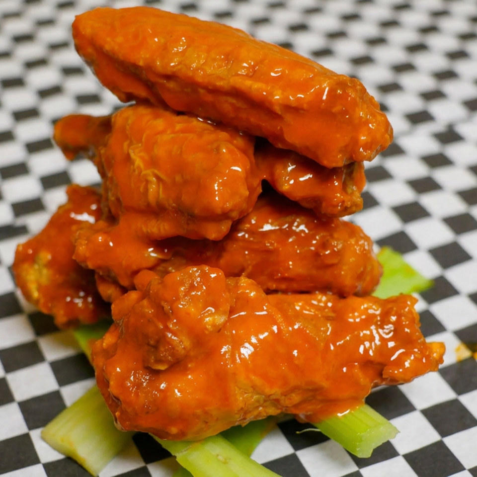 Stack of glossy orange buffalo chicken wings served over celery on black-and-white checkered paper.
