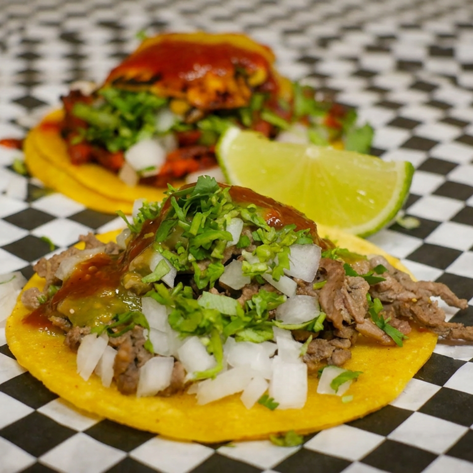 Two tacos topped with grilled meat, onions, cilantro, red salsa, and lime wedges on a black-and-white checkered table.